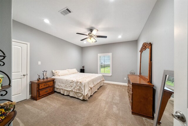 8133 N Fm 565th Rd, Baytown, TX 77523 - bedroom featuring visible vents, a ceiling fan, baseboards, and light carpet