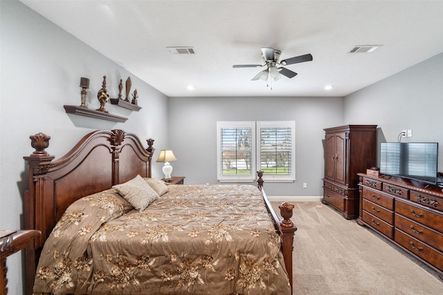 8133 N Fm 565th Rd, Baytown, TX 77523 - bedroom featuring light carpet, baseboards, visible vents, and a ceiling fan
