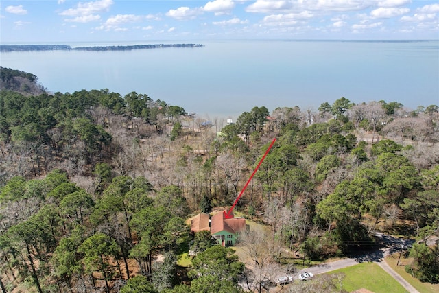 drone / aerial view featuring a water view and a wooded view