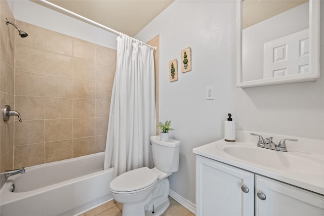 bathroom featuring shower / bath combo with shower curtain, vanity, toilet, and tile patterned floors