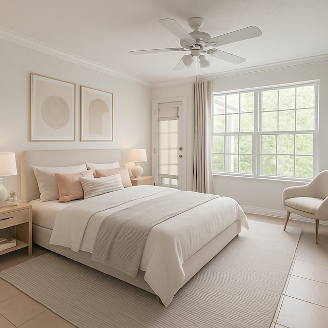 bedroom with baseboards, ornamental molding, a ceiling fan, and light tile patterned flooring