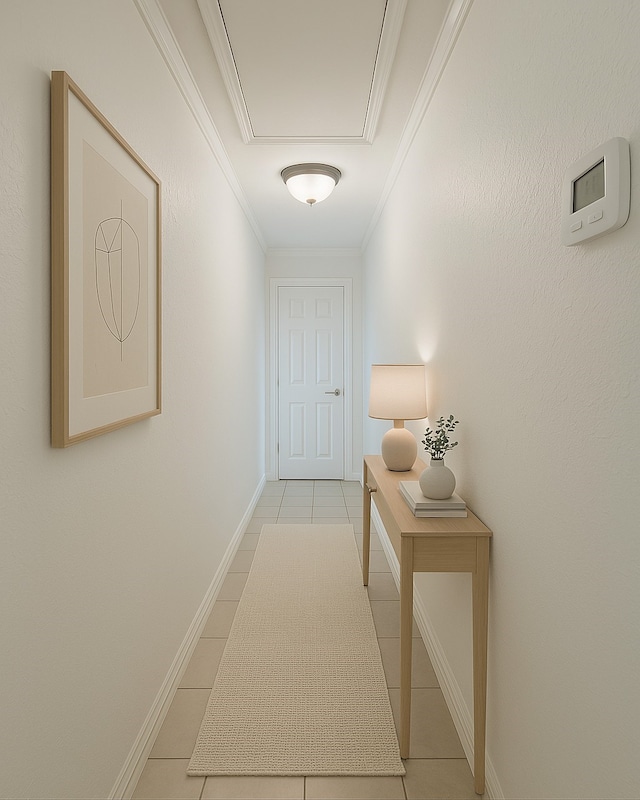 corridor with baseboards, attic access, light tile patterned floors, and ornamental molding