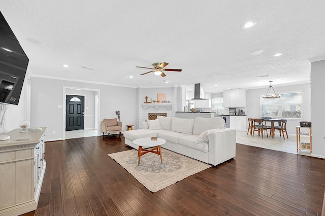 living room featuring crown molding, a textured ceiling, and dark wood-type flooring