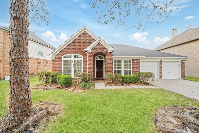 view of front facade featuring brick siding, a shingled roof, a front yard, a garage, and driveway