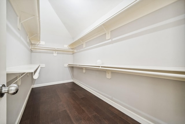 spacious closet featuring dark wood-style floors and vaulted ceiling