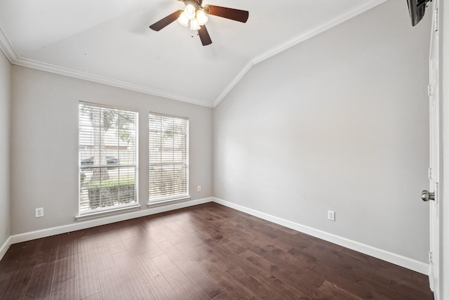 unfurnished room with lofted ceiling, dark wood-style floors, and crown molding