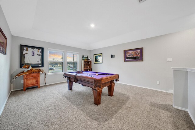 rec room featuring carpet floors, a tray ceiling, billiards, and baseboards