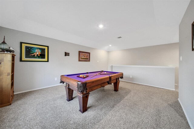 rec room with billiards, baseboards, visible vents, carpet, and recessed lighting