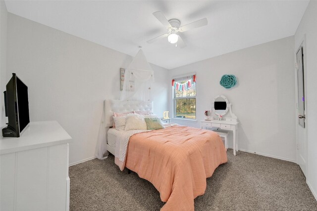 bedroom featuring ceiling fan, carpet floors, and baseboards