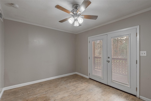 doorway to outside with ornamental molding, french doors, light wood-style flooring, and baseboards