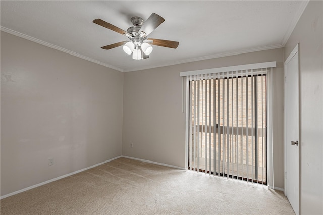 empty room with light colored carpet, crown molding, baseboards, and ceiling fan