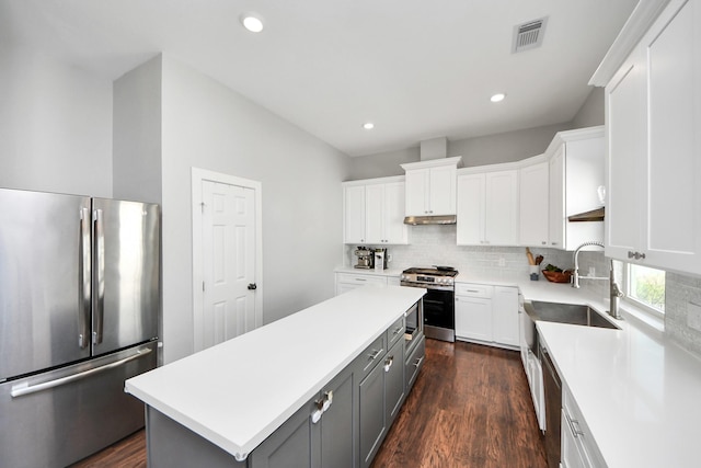 kitchen with stainless steel appliances, a kitchen island, a sink, visible vents, and gray cabinets