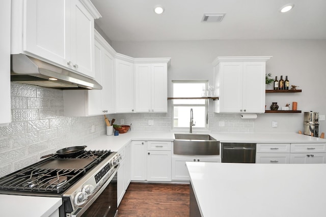 kitchen with under cabinet range hood, stainless steel appliances, a sink, visible vents, and open shelves