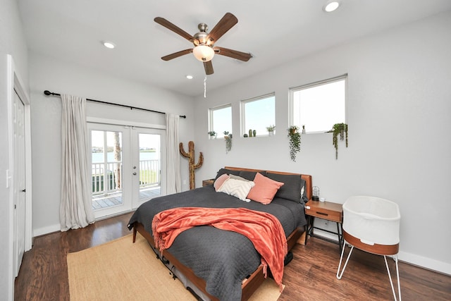 bedroom featuring recessed lighting, access to outside, wood finished floors, and french doors