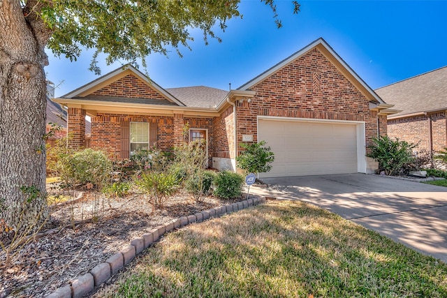 ranch-style home featuring a garage, a shingled roof, concrete driveway, and brick siding