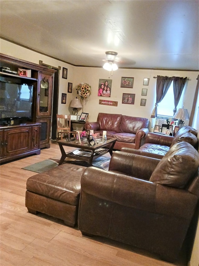 living room featuring ceiling fan and light wood-style flooring