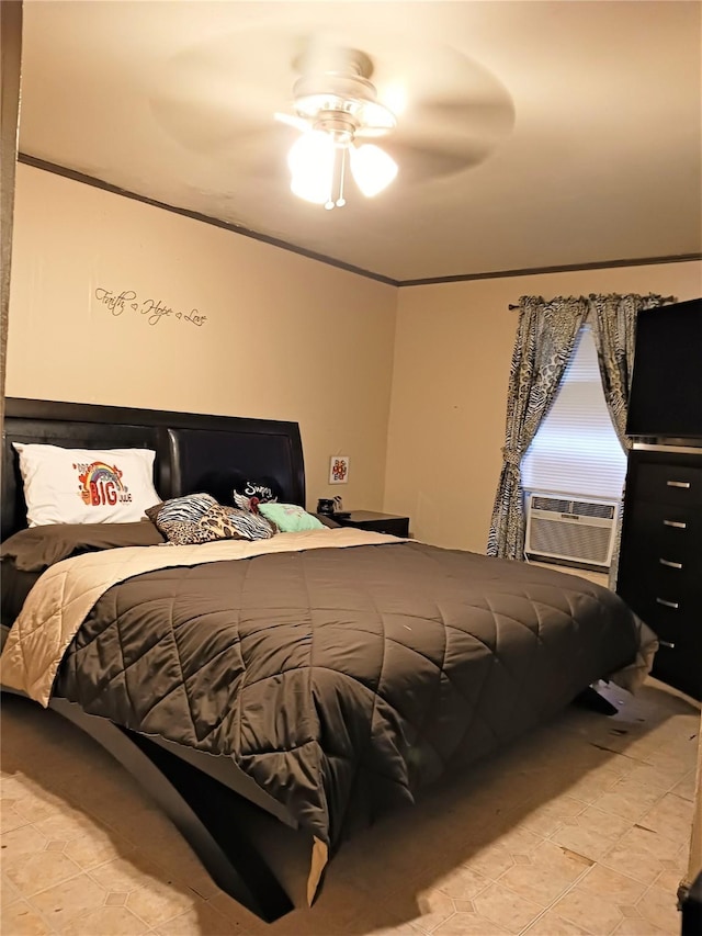 bedroom with a ceiling fan, cooling unit, and ornamental molding