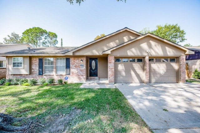 ranch-style house with a garage, a front lawn, concrete driveway, and brick siding