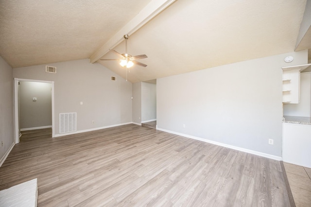 empty room featuring lofted ceiling with beams, light wood-style flooring, and visible vents