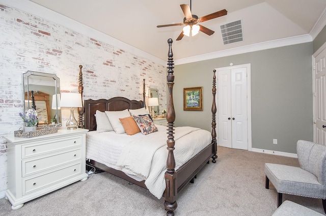 bedroom with light colored carpet, brick wall, visible vents, baseboards, and ornamental molding