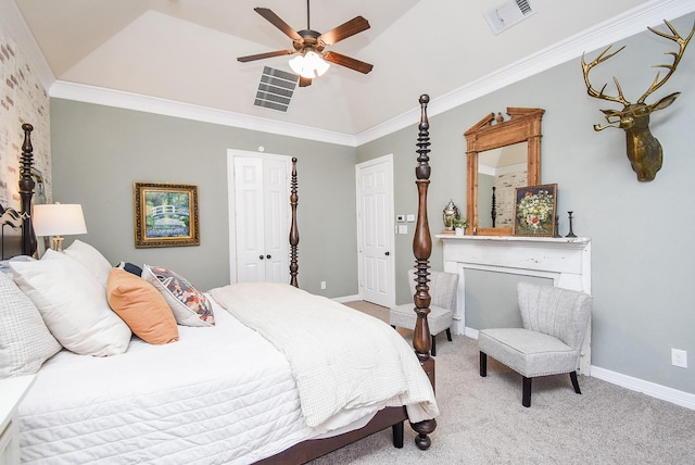 bedroom with crown molding, a closet, visible vents, light carpet, and baseboards