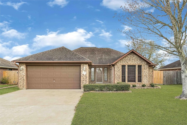 ranch-style home featuring an attached garage, concrete driveway, a front yard, and fence