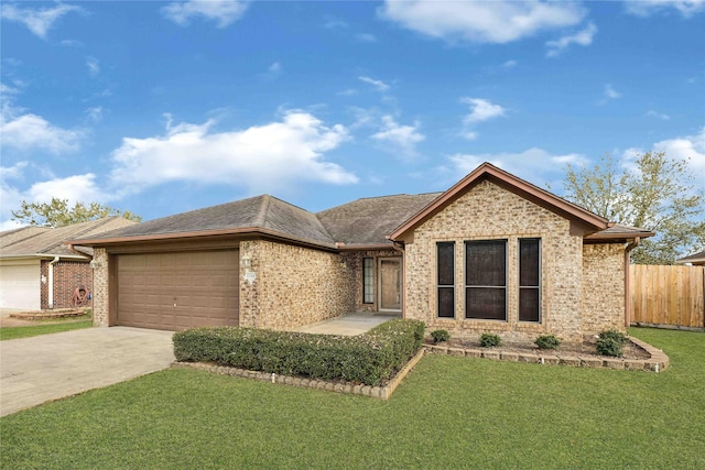 ranch-style house with a front yard, driveway, an attached garage, and fence