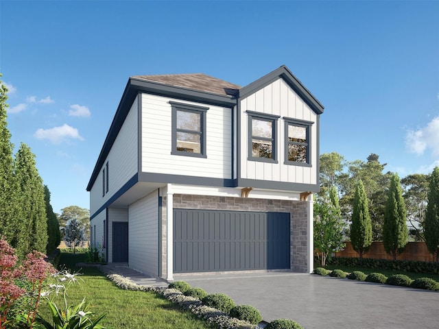 view of front of home featuring driveway, stone siding, an attached garage, a front lawn, and board and batten siding