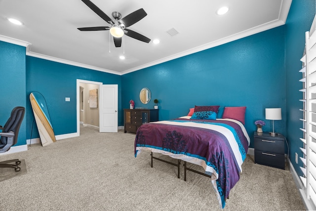 bedroom featuring baseboards, visible vents, and crown molding