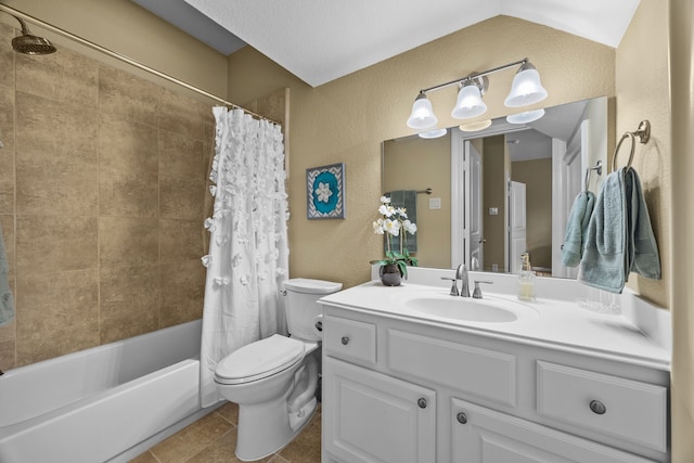 bathroom featuring a textured wall, toilet, tile patterned flooring, shower / bath combo with shower curtain, and vanity