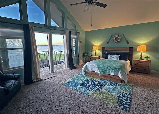 carpeted bedroom with high vaulted ceiling, access to outside, a water view, and a ceiling fan