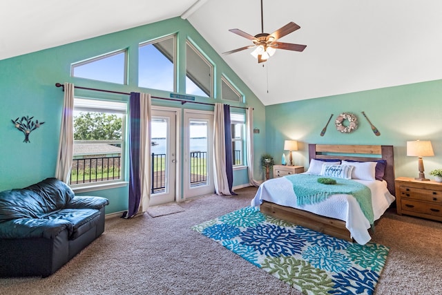 bedroom with access to exterior, a ceiling fan, carpet flooring, high vaulted ceiling, and baseboards