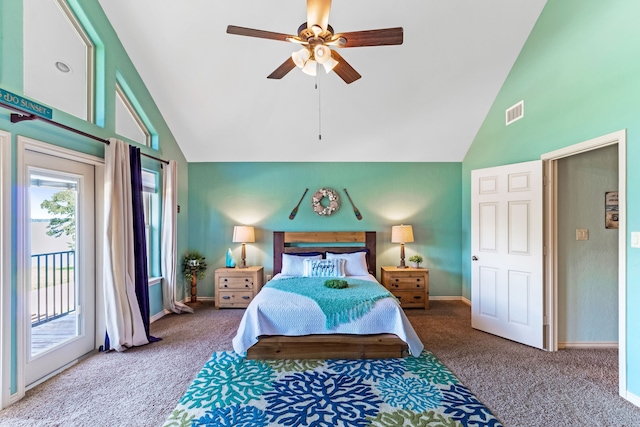 bedroom featuring high vaulted ceiling, carpet floors, visible vents, baseboards, and access to outside