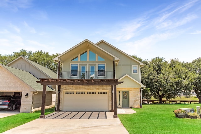 view of front facade with an attached garage, driveway, stone siding, board and batten siding, and a front yard