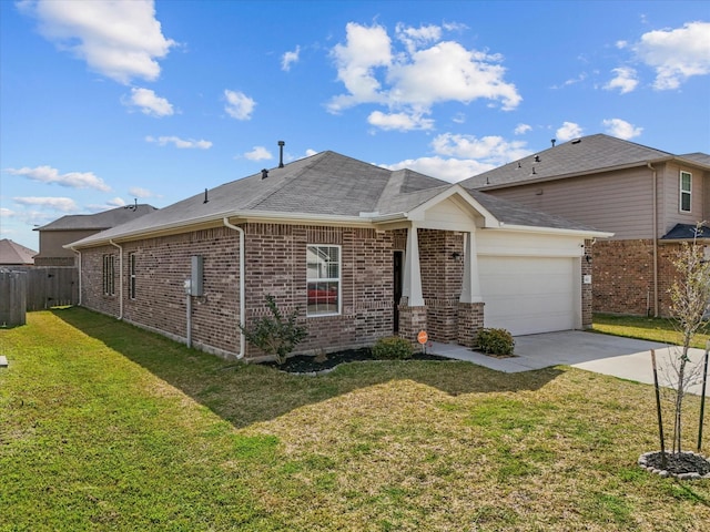 view of front of property with an attached garage, a front lawn, concrete driveway, and brick siding