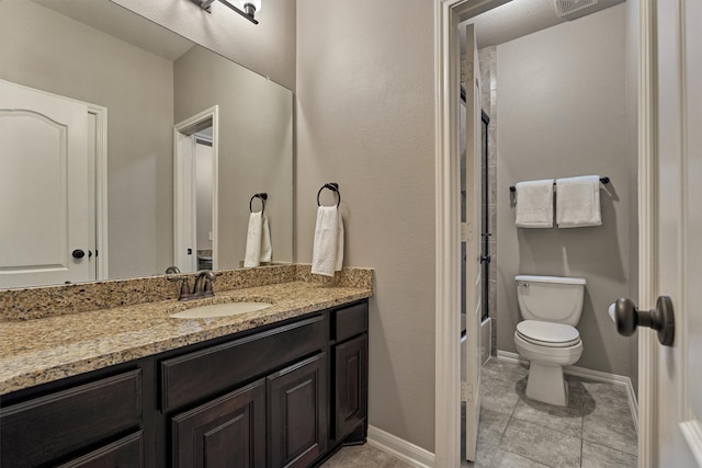 full bath featuring baseboards, vanity, toilet, and bathing tub / shower combination