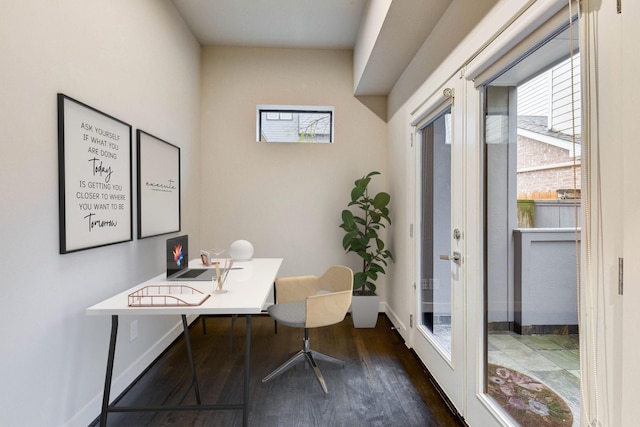 office area with dark wood-style floors, baseboards, and french doors