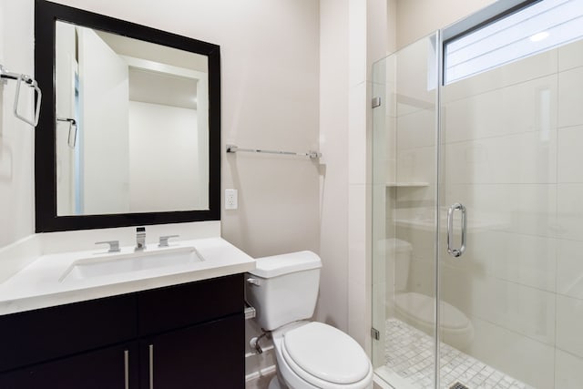 full bathroom featuring toilet, a stall shower, and vanity