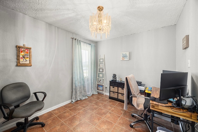 tiled office space featuring a textured ceiling, baseboards, and a notable chandelier