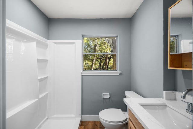 bathroom featuring baseboards, vanity, toilet, and wood finished floors