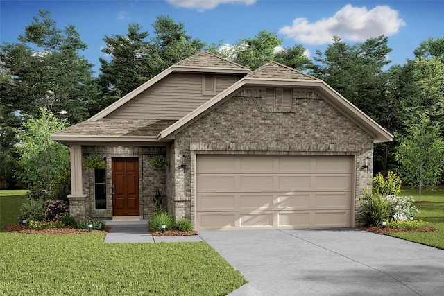 view of front facade with a garage, driveway, a front yard, and brick siding