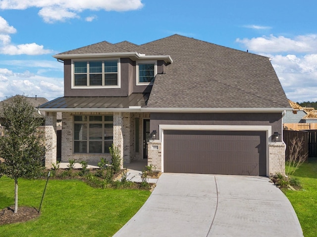 view of front of home featuring concrete driveway, metal roof, a standing seam roof, fence, and a front lawn