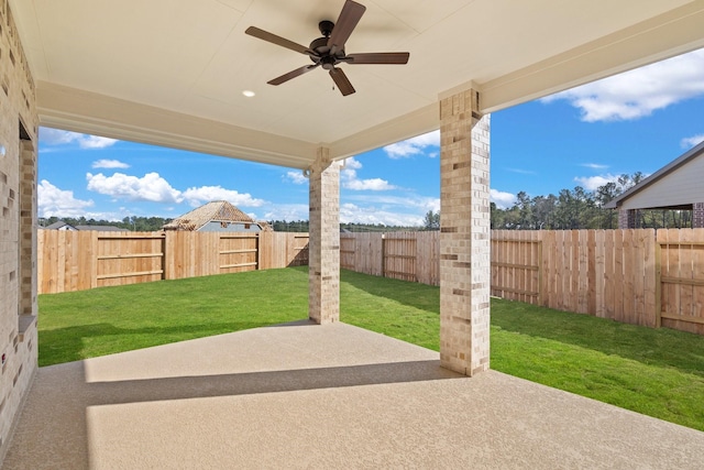 view of patio / terrace featuring a ceiling fan and a fenced backyard