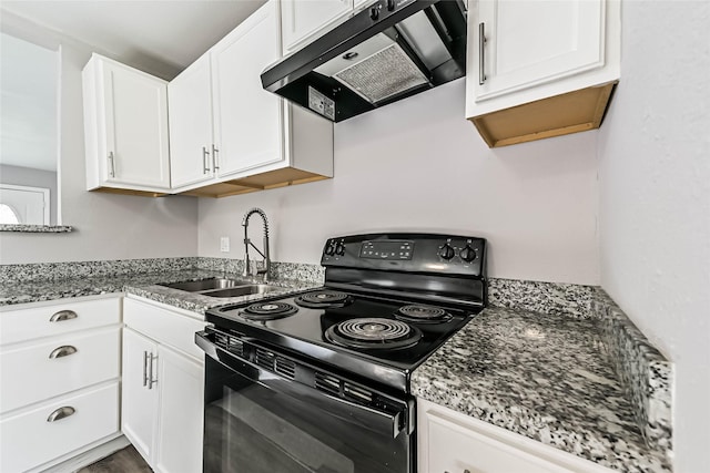 kitchen with stone countertops, white cabinets, black range with electric stovetop, under cabinet range hood, and a sink