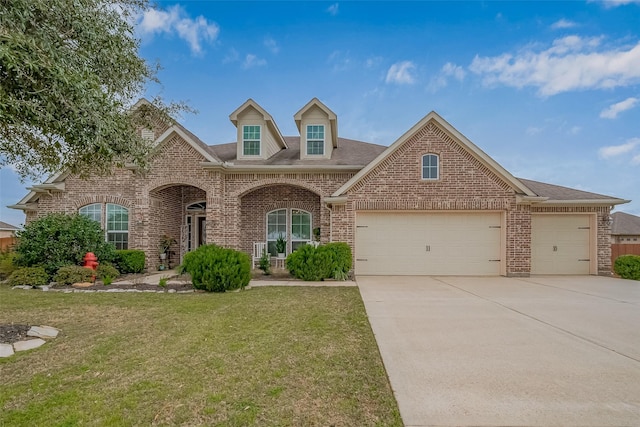 view of front of home featuring an attached garage, driveway, a front lawn, and brick siding