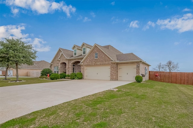 view of front of property featuring an attached garage, a front yard, fence, and brick siding