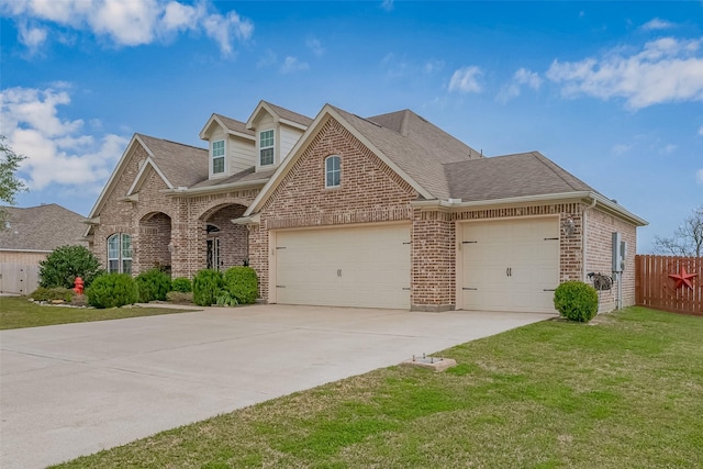 view of front of house featuring brick siding, an attached garage, fence, and a front yard