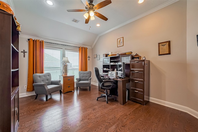 office area featuring dark wood-type flooring, visible vents, baseboards, vaulted ceiling, and crown molding