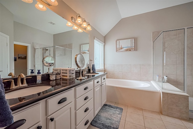 bathroom with a garden tub, a sink, visible vents, a shower stall, and tile patterned floors