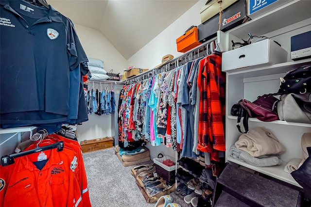 spacious closet with carpet floors and lofted ceiling